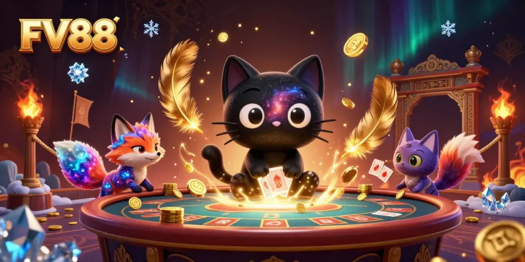 Experience exciting gaming at FV88 with vibrant casino elements and cosmic characters.