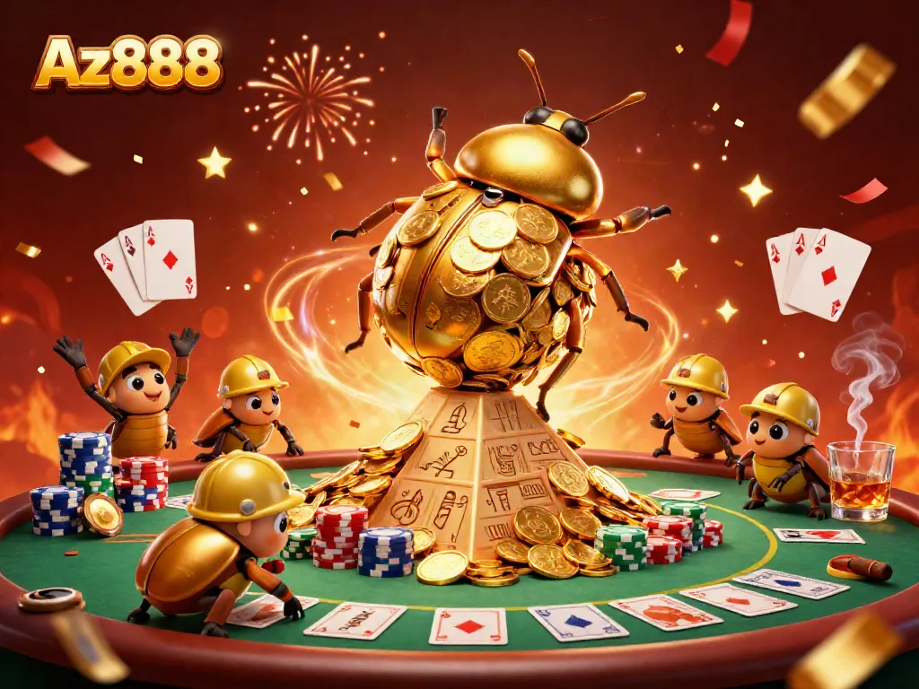Engage in Az888’s vibrant casino experience with golden beetles rolling coins in a lively setting.