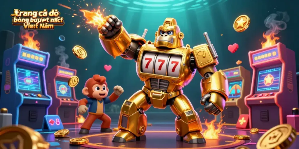 Cờ bạc trên trang cá độ bóng đá uy tín nhất Việt Nam với một gorilla mech vàng bay lên và pháo đài tiền xu.