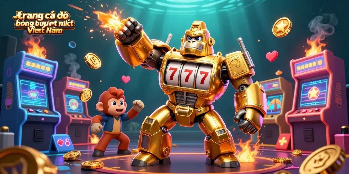 Cờ bạc trên trang cá độ bóng đá uy tín nhất Việt Nam với một gorilla mech vàng bay lên và pháo đài tiền xu.