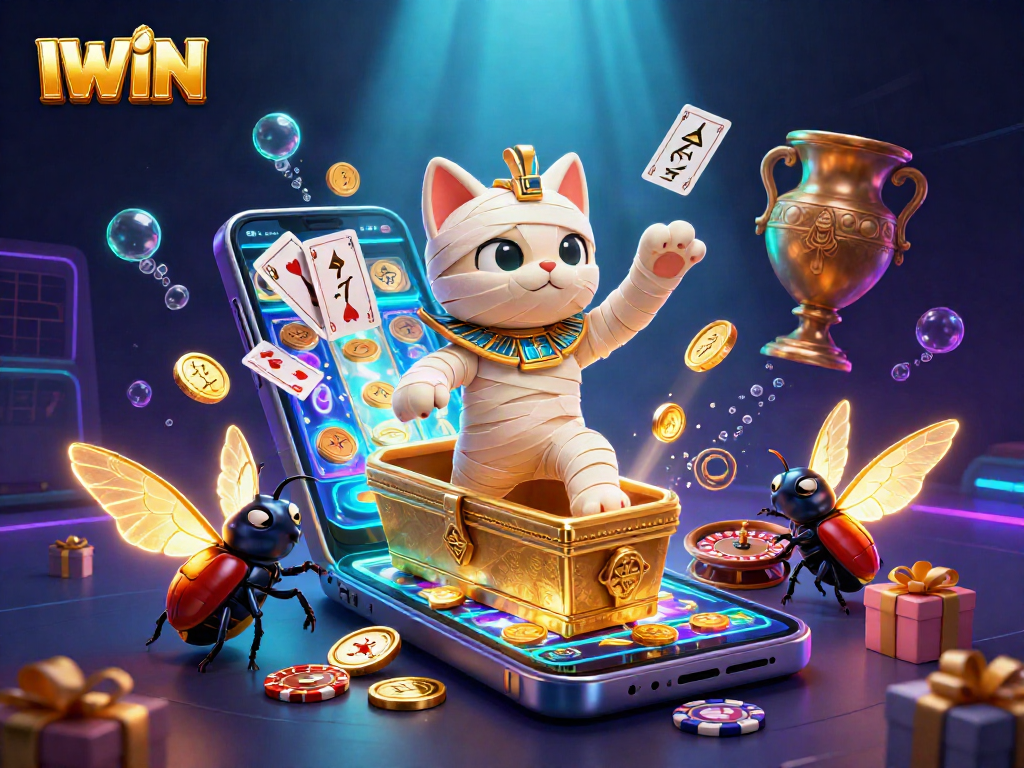 IWIN players engage with a lively 3D casino scene featuring a mummy cat, scarab beetle, and floating hieroglyph cards.