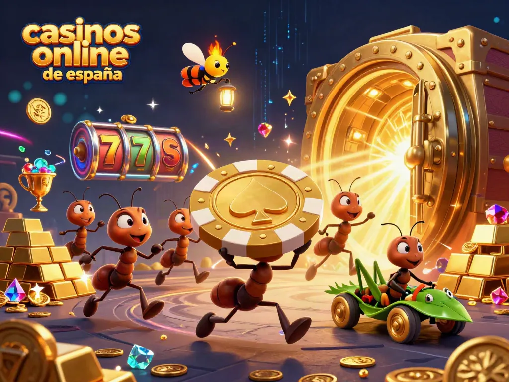 Hormigas transportando un chip de poker dorado en casinos online de España, elementos vibrantes y ricos en detalles.