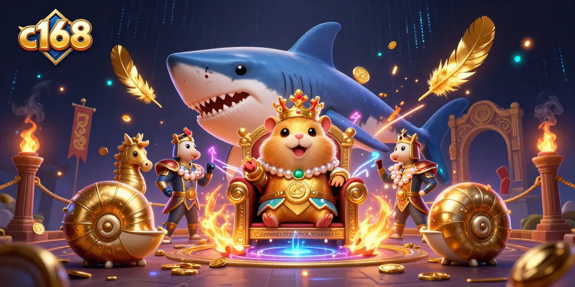Bet on c168 in a vibrant 3D casino illustration featuring a hamster king amidst swirling gold coins.