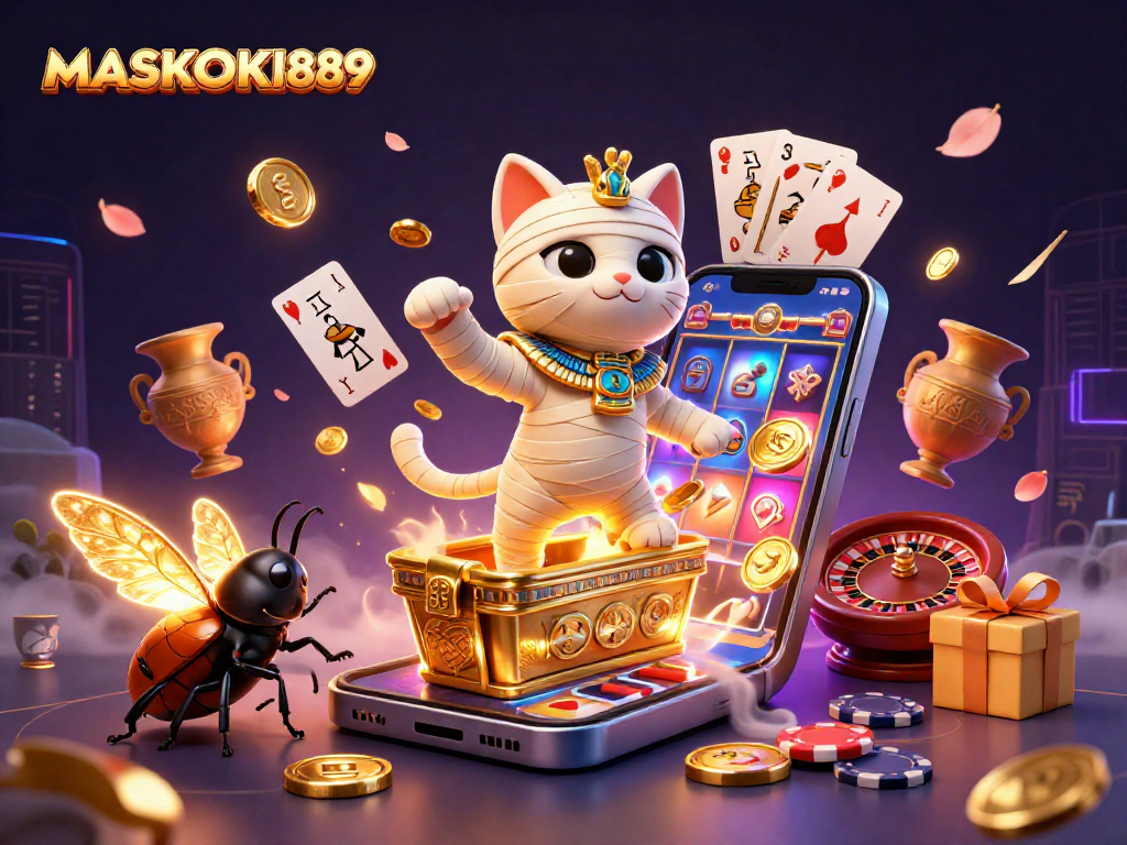 Engage with MASKOKI889 as a 3D mummy cat and scarab beetle unveil treasures in a vibrant casino scene.