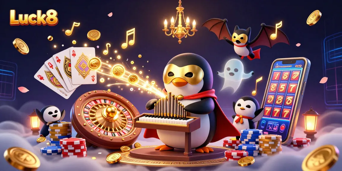 Luck8 offers thrilling casino experiences with a cartoon penguin playing a golden organ, surrounded by dazzling coins.