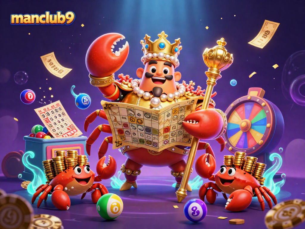 Engage in the excitement of manclub9 with a 3D crab emperor leading a dynamic casino scene.