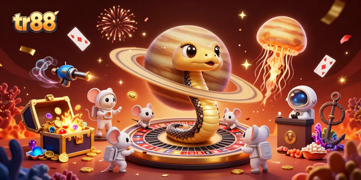 Experience the excitement of tr88 with vibrant 3D casino elements and playful characters in a unique cosmic scene.