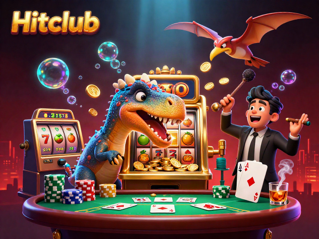 Hitclub scene with a pachycephalosaurus jackpot headbutting a slot machine amidst casino excitement