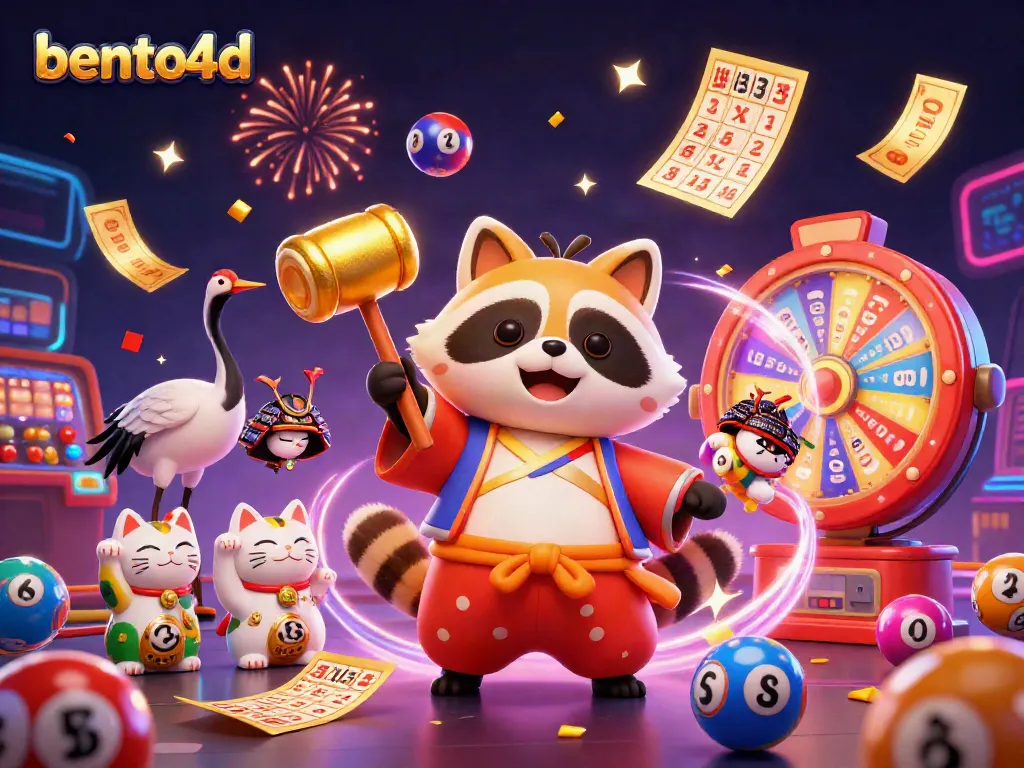 Bento4d celebrates with a cheerful tanuki and lucky symbols in a vibrant casino scene.