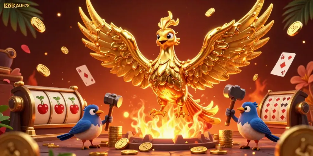 Engage with KICAU678's vibrant gaming confrontation featuring molten golden phoenixes in a dynamic casino scene.