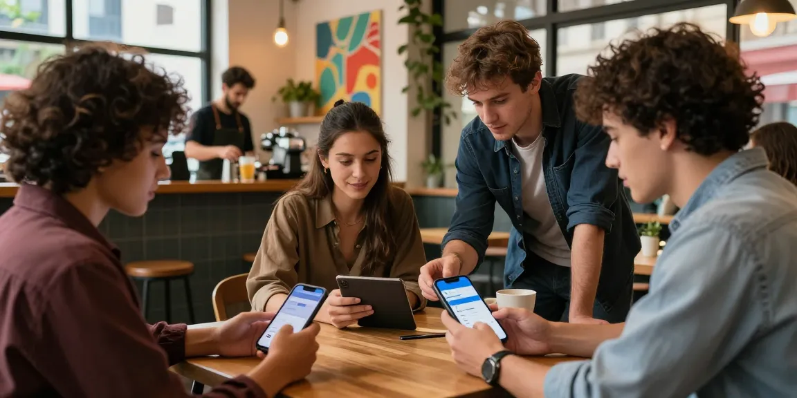 Grupo de jóvenes usando etb pago factura en un café moderno.
