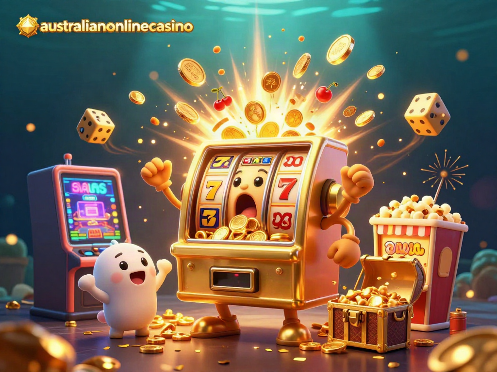 Witness the excitement of a jackpot scene at australianonlinecasino with vivid golden slot machines and festive elements.