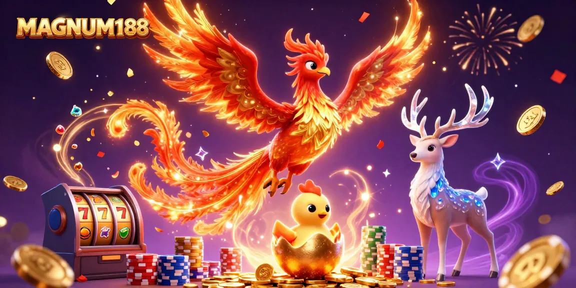 Win big with MAGNUM188: An illustration of a soaring phoenix amidst cascading coins and slot reels.