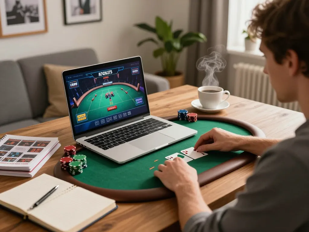 Engaging in strategic poker gameplay on a laptop at home with sunwin betting strategies