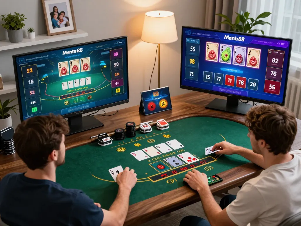 Players enjoying blackjack on the mantra88 app in a cozy home setting during an intense gaming session.