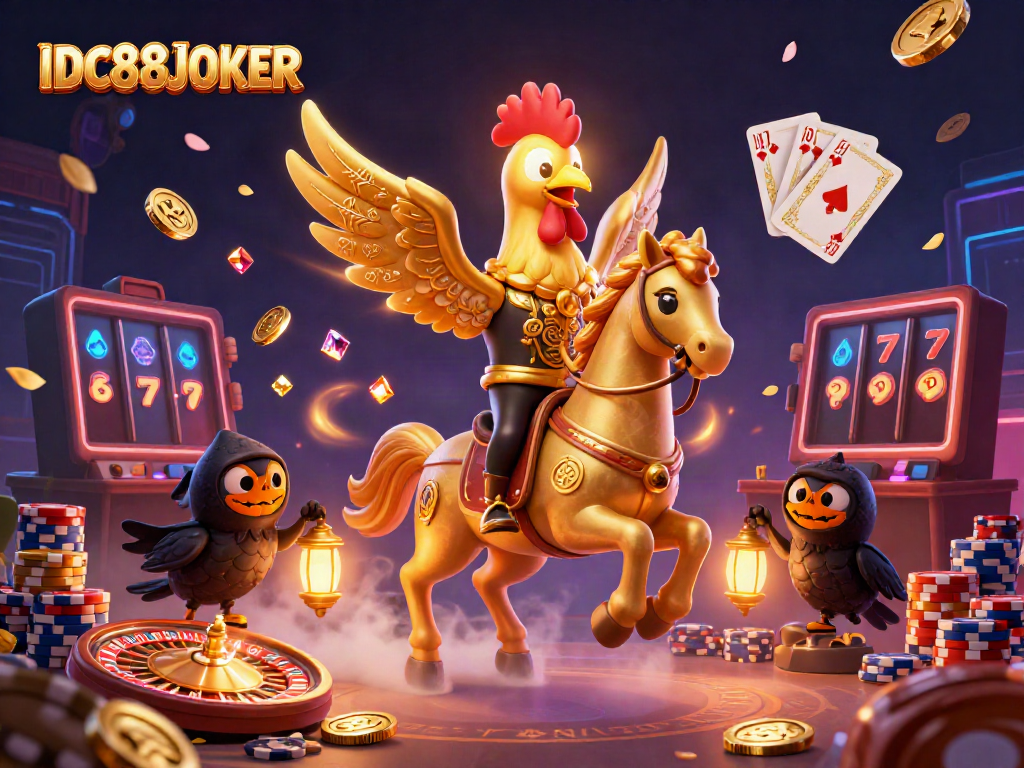 Experience the excitements of IDC88JOKER with a unique scene of a golden rooster in a casino adventure filled with gems and coins.