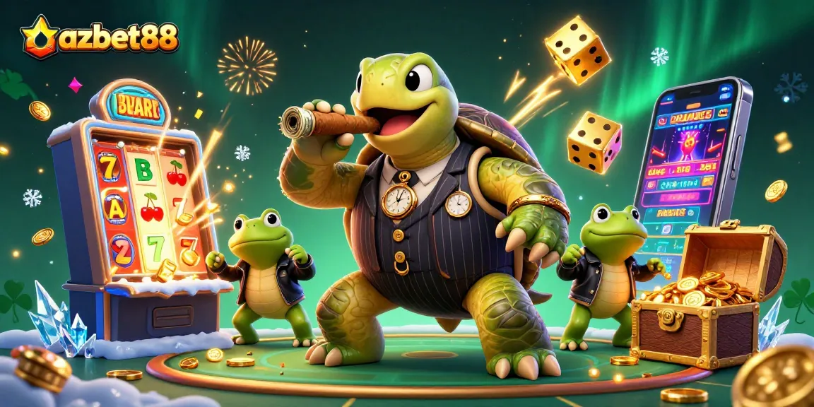 Engage with the exciting world of AZBET88, featuring a vibrant illustration of a snapping turtle mobster amidst slot games and jackpots.