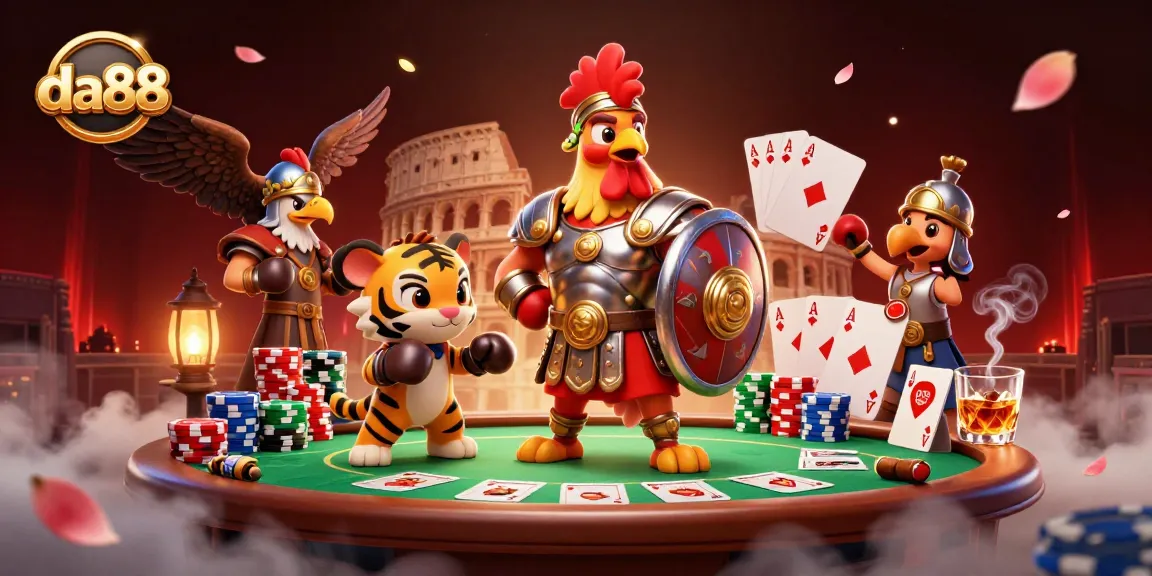 Engage with da88's vibrant casino scene featuring a gladiator rooster and poker elements.