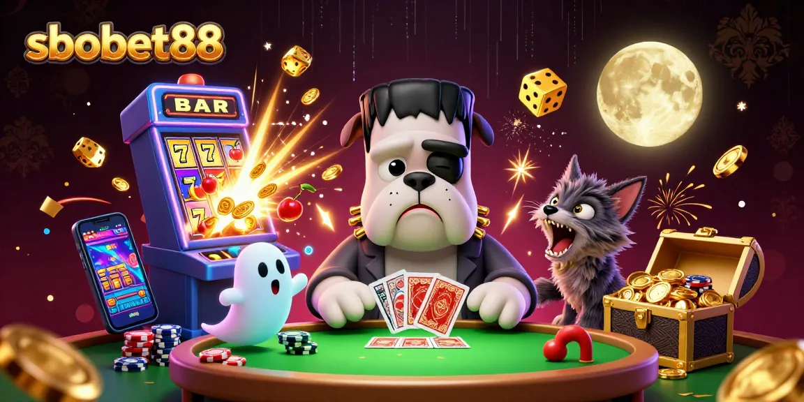 Experience sbobet88 thrills with a whimsical scene of a Frankenstein bulldog monster dealing cards and winning at casino!