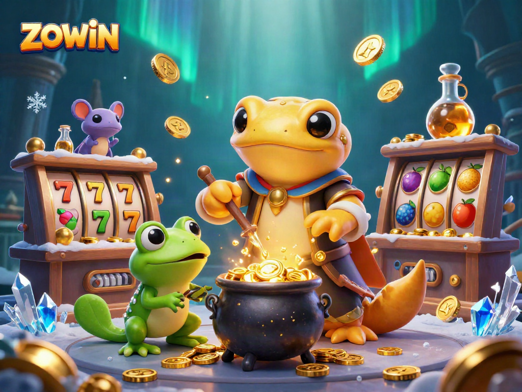 ZOWIN presents vibrant 3D illustration of a golden salamander alchemist creating casino gold while surrounded by playful slot symbols.