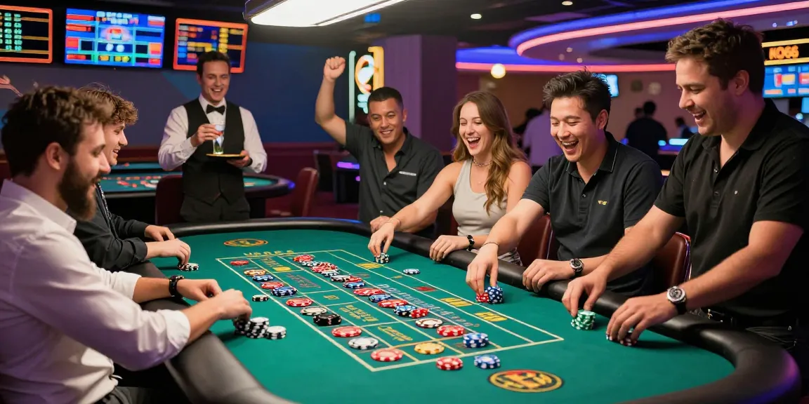 KO66 casino players engaged in an exciting roulette game surrounded by vibrant lights