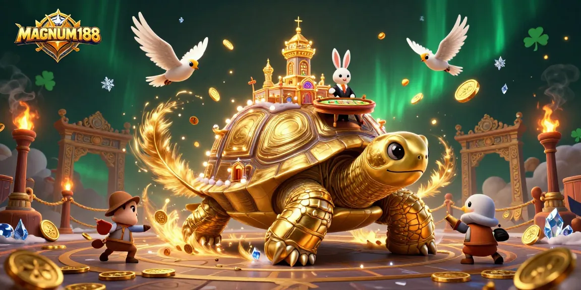 Experience the thrill of MAGNUM188 with a vibrant casino scene featuring golden tortoise and rabbit dealer.