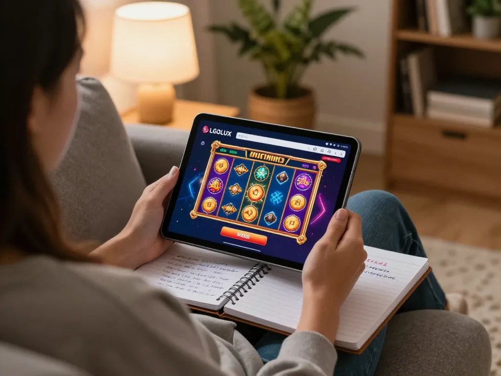 Engagement with LGOLUX LOGIN on a tablet, showcasing vibrant online gambling gameplay in a cozy home setting.