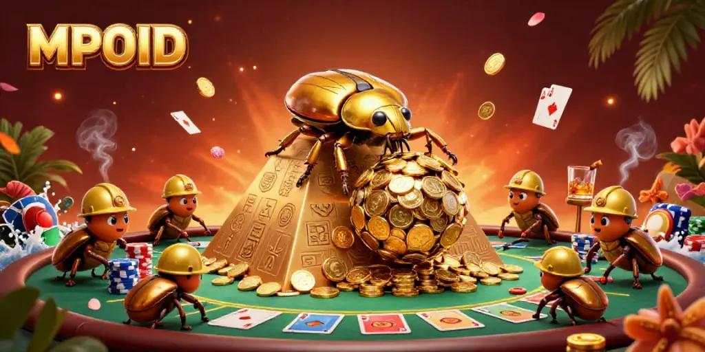 Engage with MPOID's vibrant casino adventure featuring golden beetles and poker excitement.