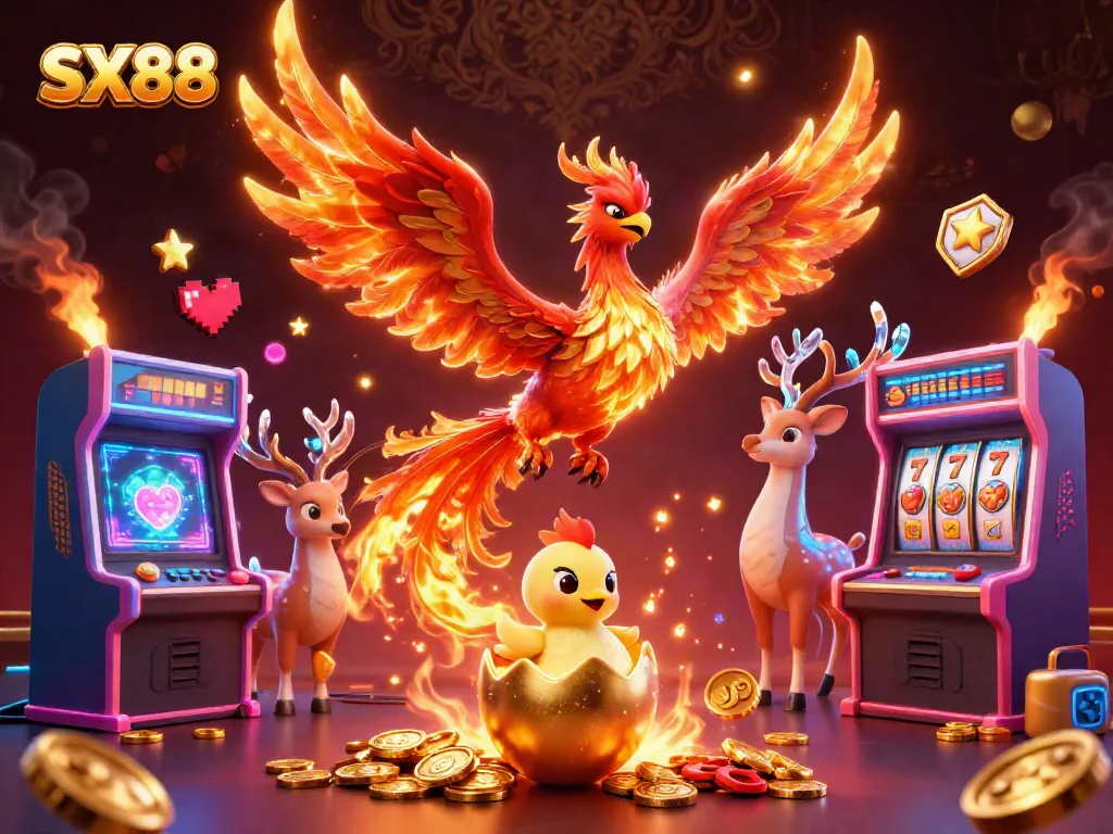 Experience epic wins with SX88, featuring a phoenix in a dynamic casino scene with vibrant slot machines and gold.