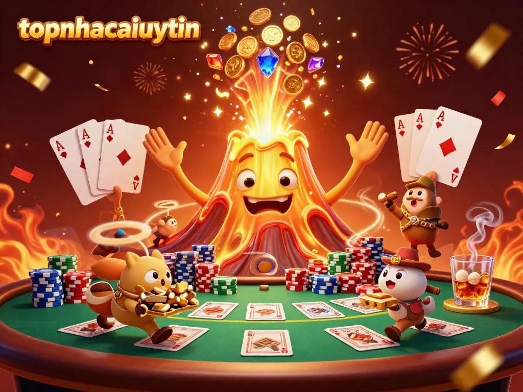 Engage with topnhacaiuytin in a vibrant 3D casino scene showcasing treasure, poker elements, and a triumphant volcano character.