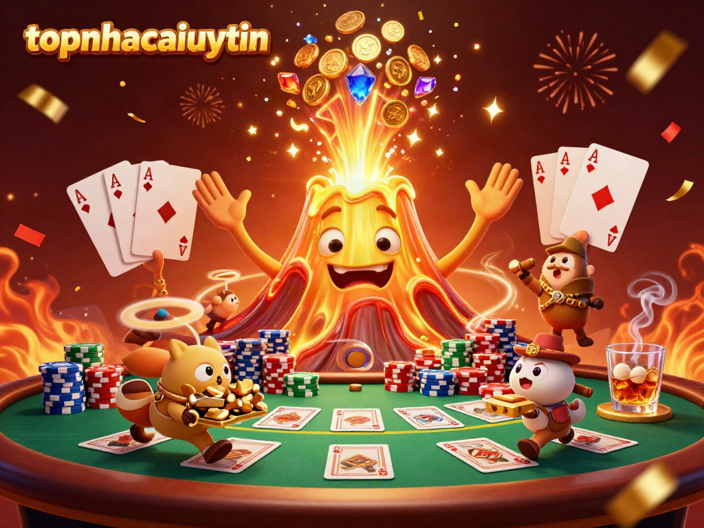 Engage with topnhacaiuytin in a vibrant 3D casino scene showcasing treasure, poker elements, and a triumphant volcano character.