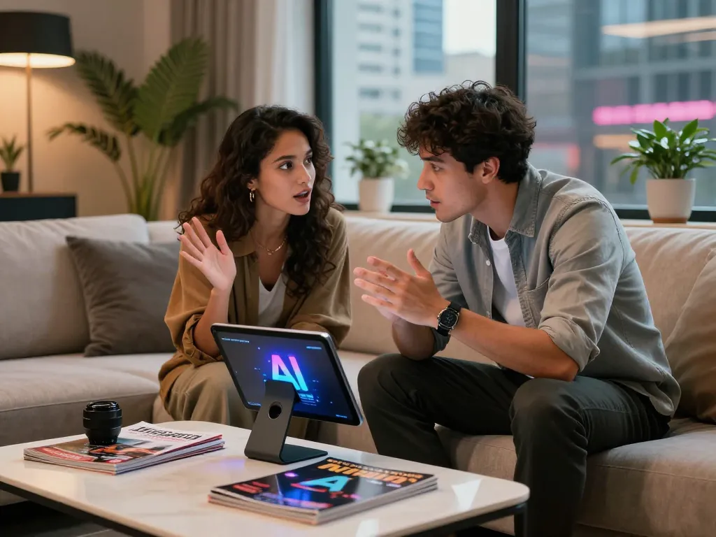 Engaging couple discussing ai sex with digital assistant in modern urban lounge.