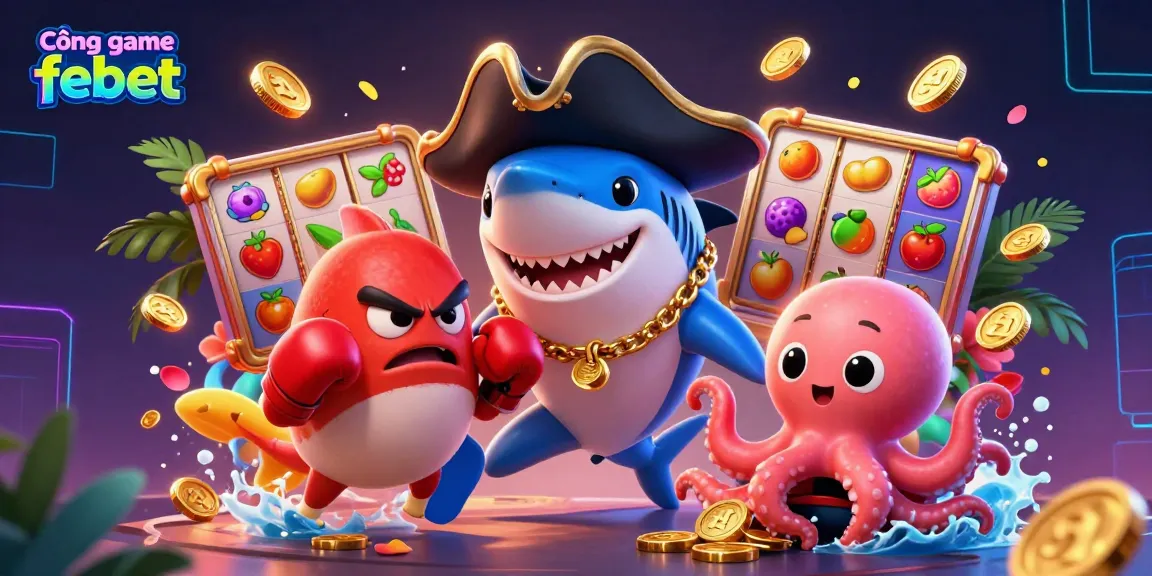 Experience the excitement of Cổng game febet with a vibrant 3D illustration of casino elements and friendly characters.