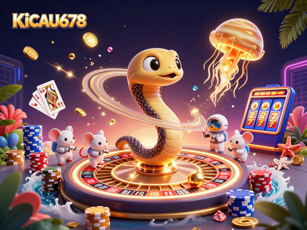 KICAU678 players bet on a spinning roulette with vibrant cosmic elements in this exciting illustration.