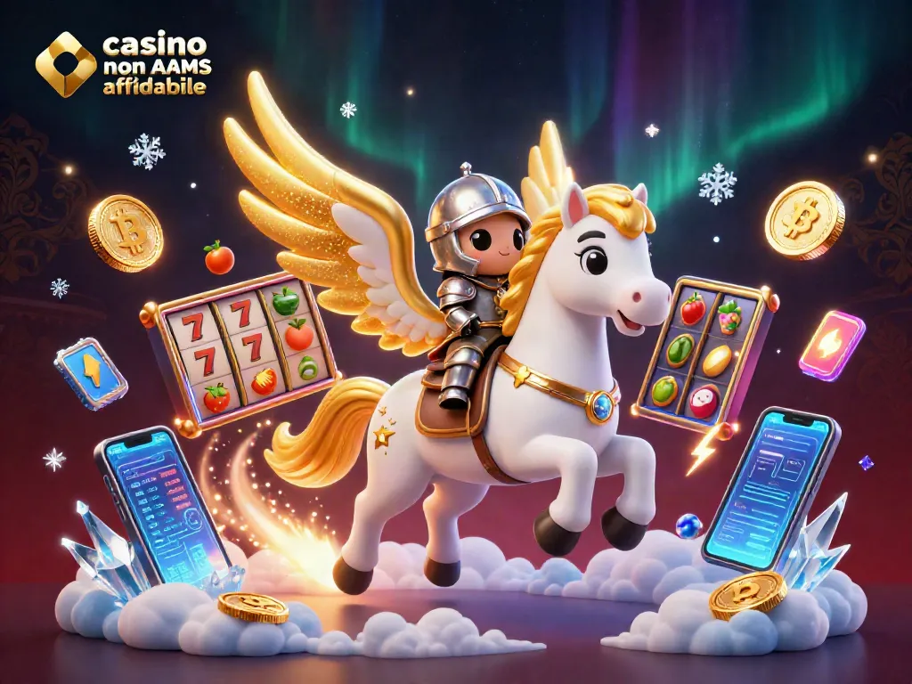 Immagine vivace che rappresenta il tema del casino non AAMS affidabile, con un cavallo celestiale e simboli di gioco.