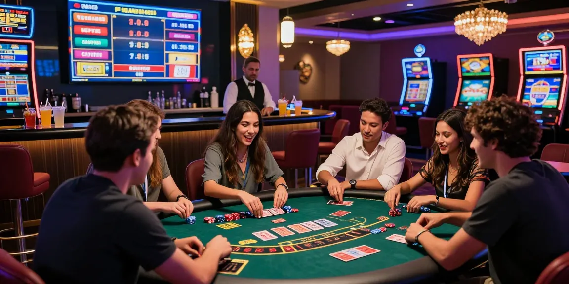 Exciting gaming scene at ASIALIVE88 casino with friends enjoying blackjack; vibrant atmosphere and professional dealer.