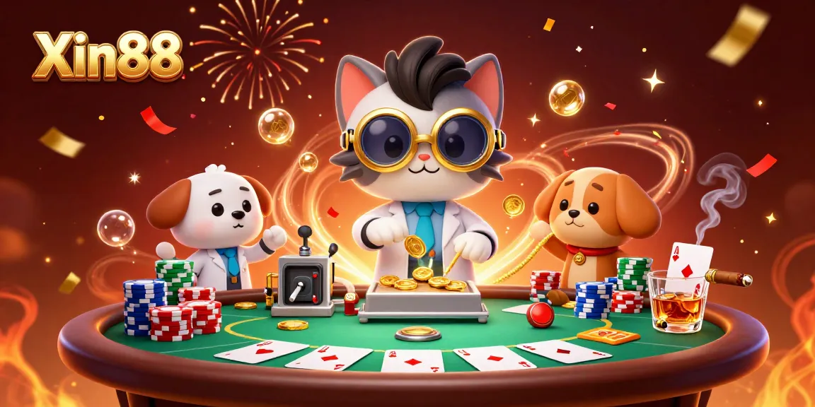 Join Xin88's exhilarating gaming experience with a mad scientist cat and dog creating fortune at a poker table.