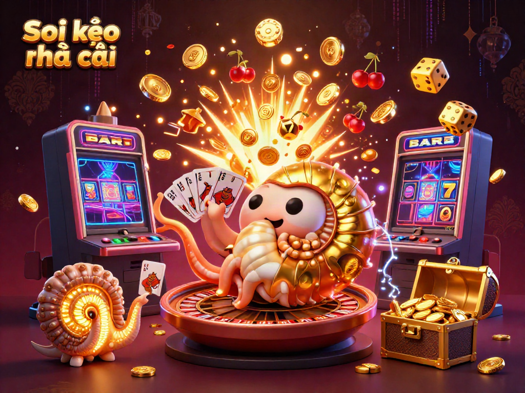 Experience Soi kèo nhà cái with a giant nautilus and vibrant casino elements bursting with energy.
