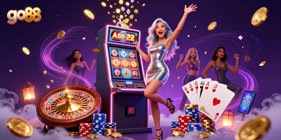 Spin the reels at go 88 as golden coins and jackpots burst from the slot machine in a vibrant casino scene.