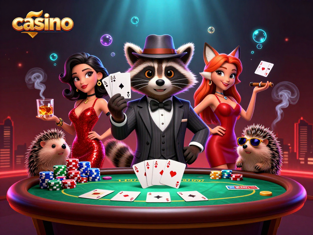 Experience the thrill of a vibrant casino scene with raccoon, fox, and hedgehog characters