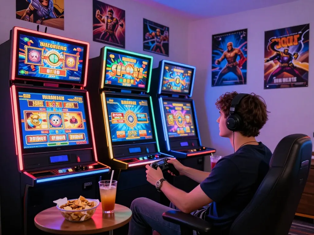 Engaging gaming scene with a player enjoying vegasslot77.com slot machines at home.