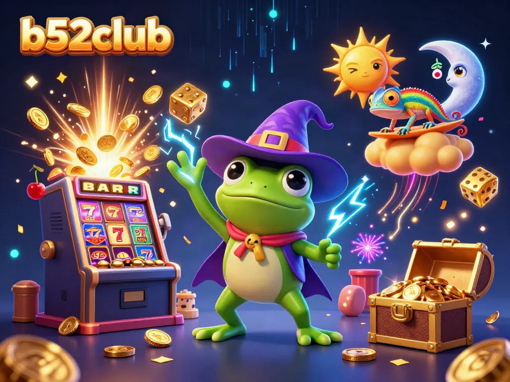 Experience exhilarating wins at b52club with a vibrant illustration featuring colorful casino elements and lucky symbols.