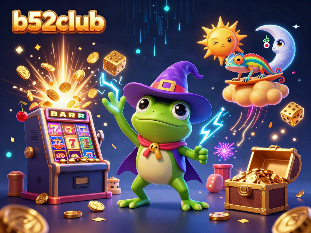 Experience exhilarating wins at b52club with a vibrant illustration featuring colorful casino elements and lucky symbols.