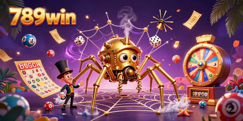 Engage in thrilling gameplay with 789win featuring a whimsical steampunk spider and Victorian fly in a vibrant casino atmosphere.