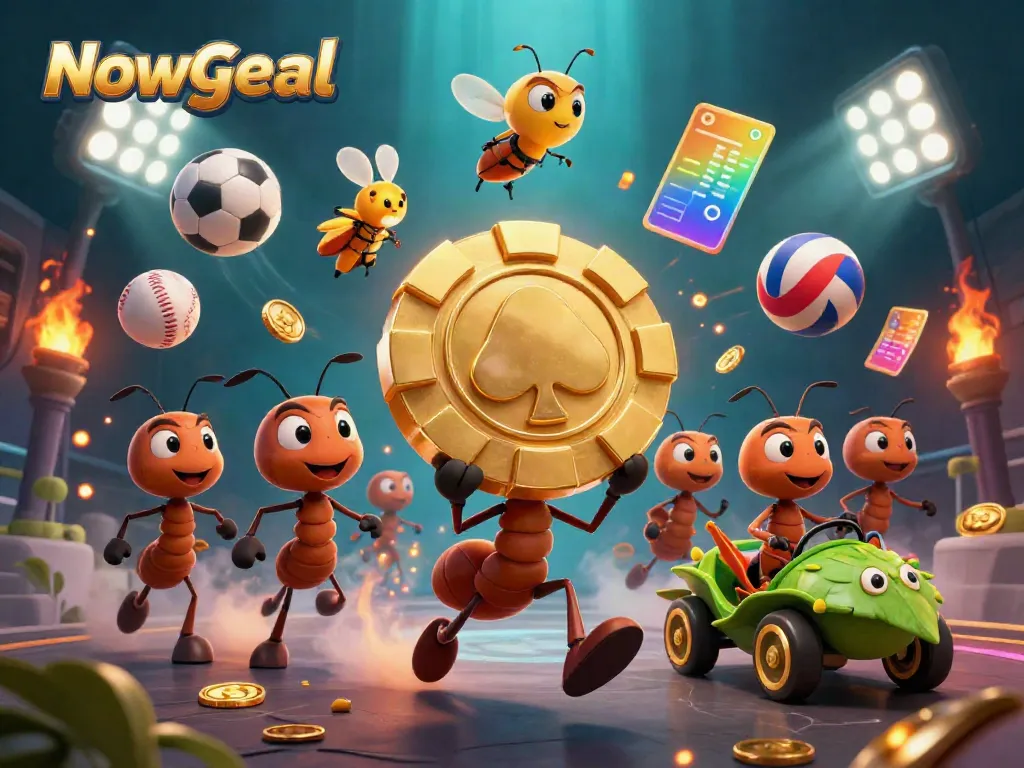 Nowgoal highlights a team of cartoon ants stealing golden poker chips in a bustling sports betting scene.