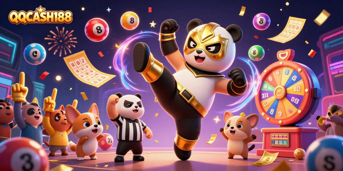 Experience excitement with QQCASH188 as a panda wrestler delivers a flying kick in a vibrant casino scene.