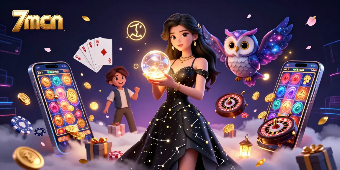 Experience exhilarating gaming with vibrant 7mcn digital illustration showcasing slots, cards, and mystical elements.