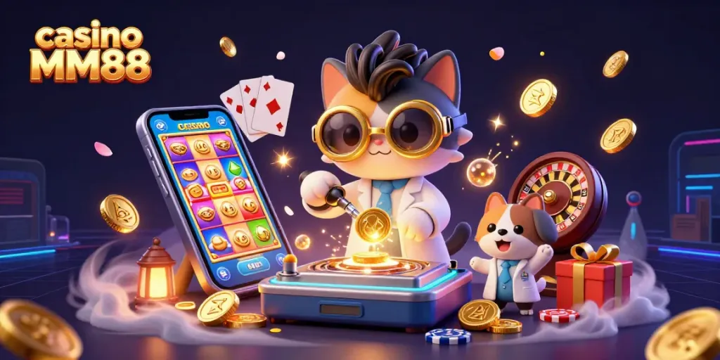 Experience thrilling gameplay in casino MM88 with vibrant slots, chips, and enchanting characters.