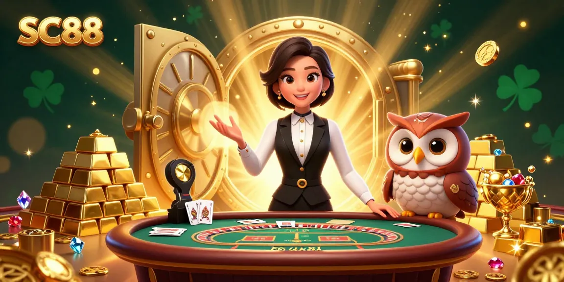 Experience SC88's live baccarat with a skilled dealer and charming owl assistant in a dazzling casino environment.
