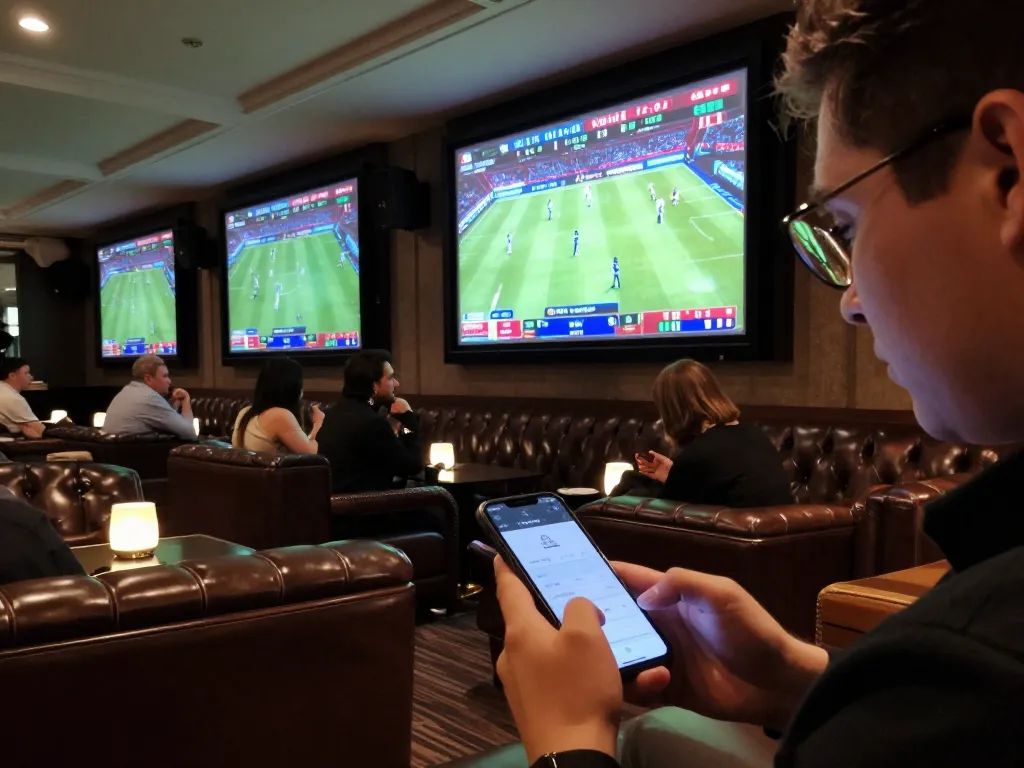 Engaging in sports betting at keonhacaii88, with multiple screens showcasing live games and ambient lounge atmosphere
